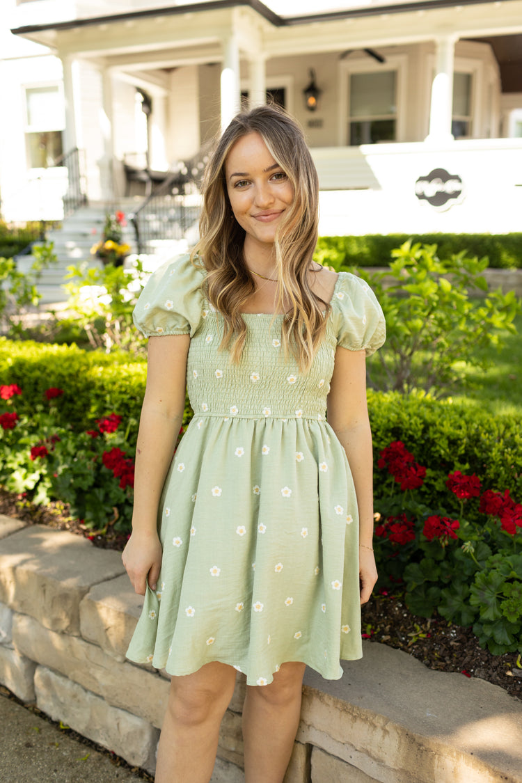 Daisy Embroidered Mini Dress Sage