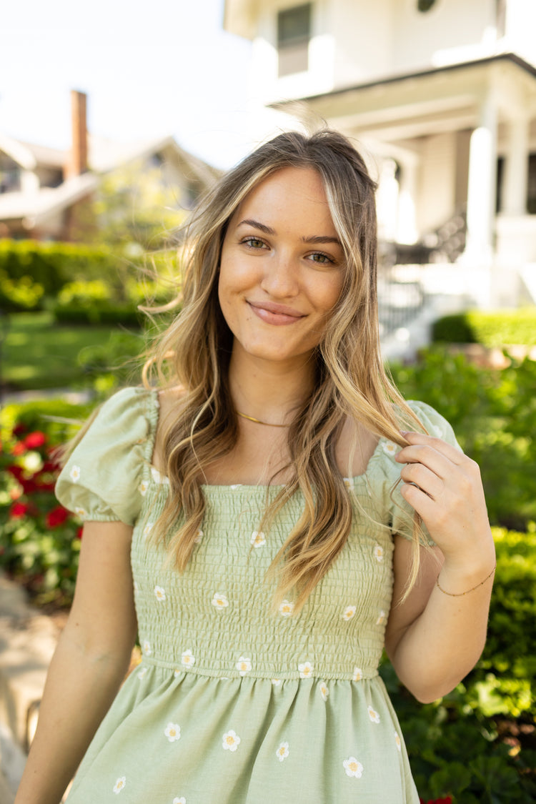 Daisy Embroidered Mini Dress Sage