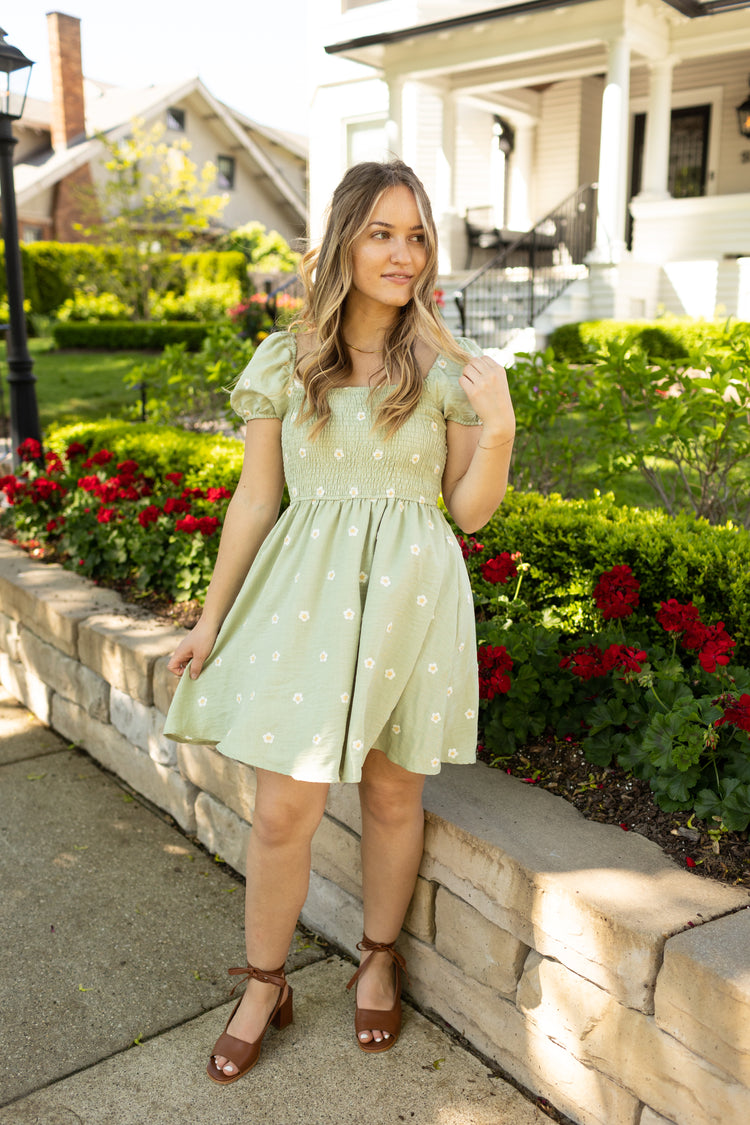 Daisy Embroidered Mini Dress Sage