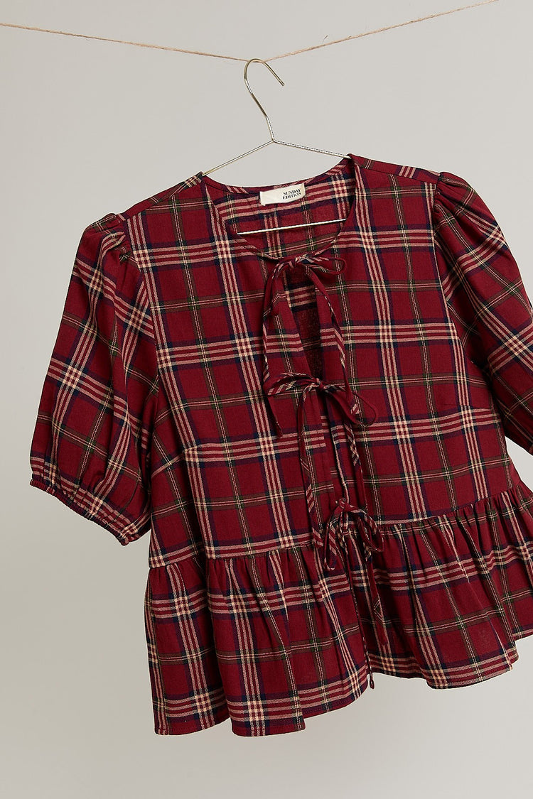 Front Tie Plaid Blouse