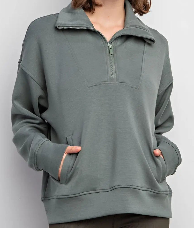 sage pullover, zip up, work out