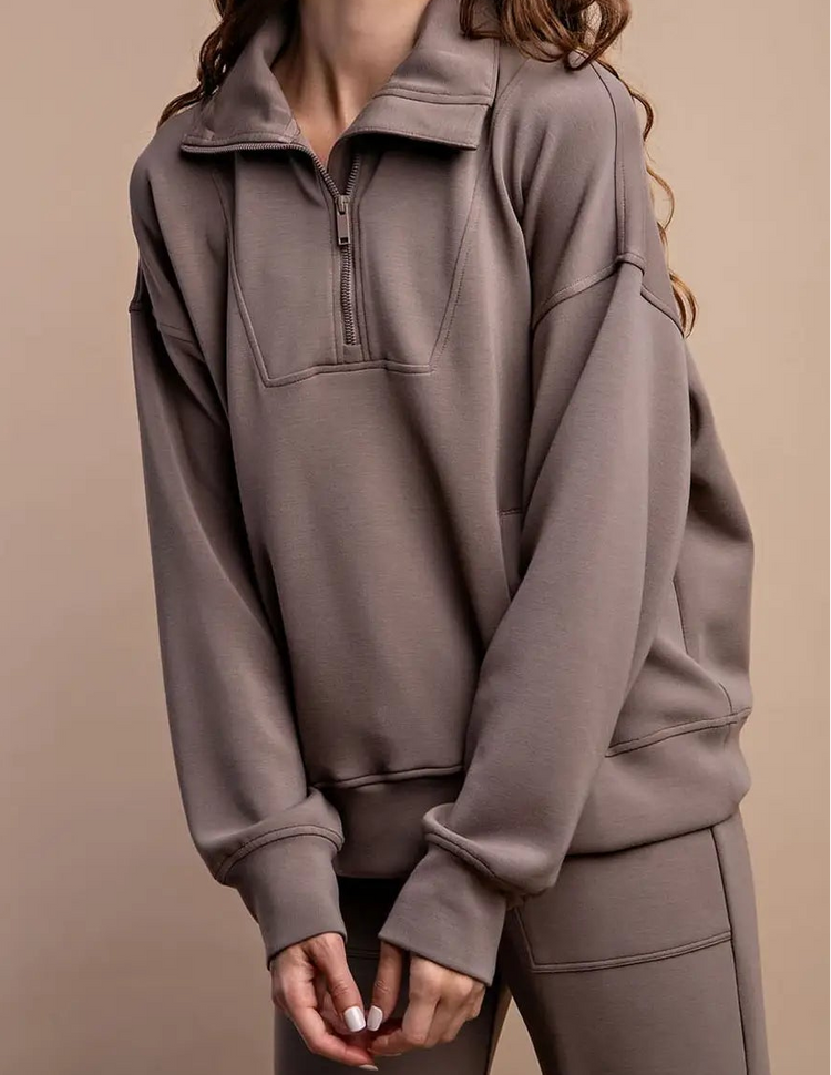 brown pullover, scuba material, cozy, workout clothing.