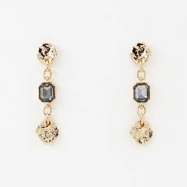 Gold Hammered Coin Black Diamond Crystal Drop 2" Earring