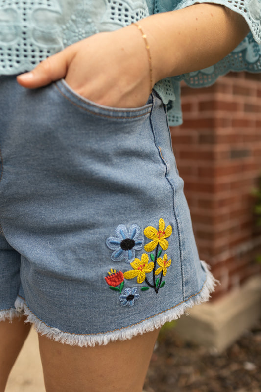 Denim Embroidered Shorts