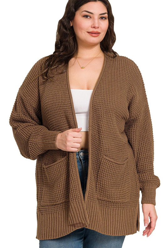 Brown Waffle Cardigan Plus