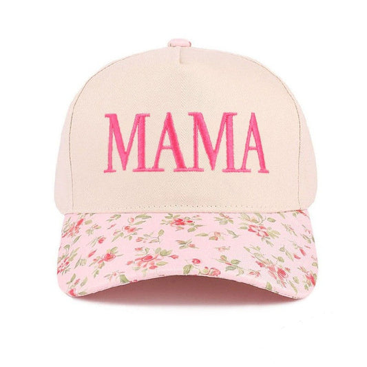 Pink cap with floral brim and 'MAMA' text on a white background