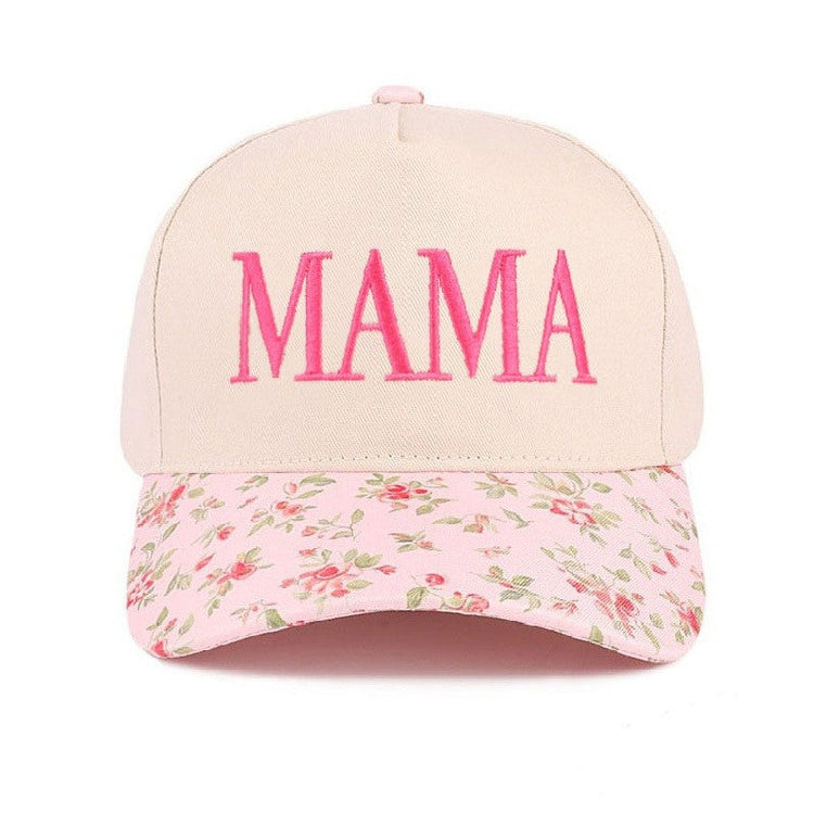 Pink cap with floral brim and 'MAMA' text on a white background