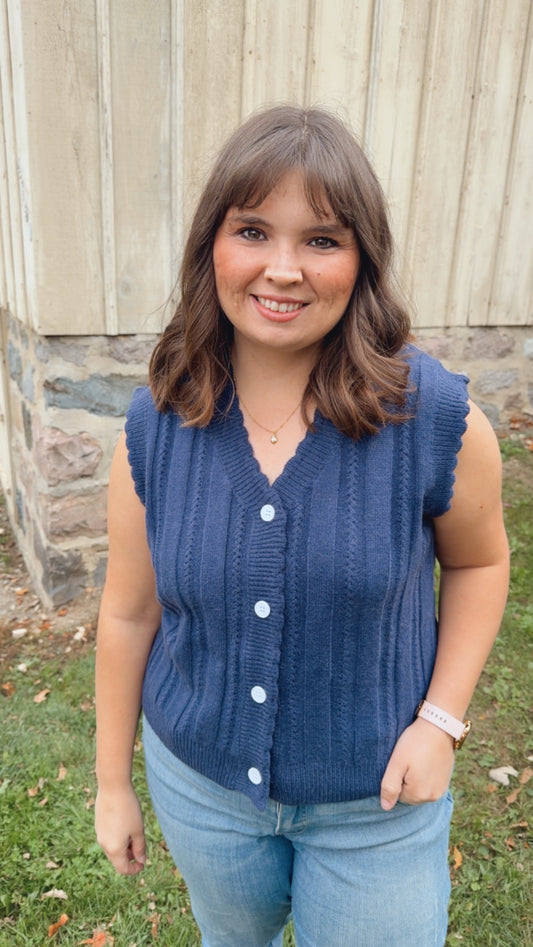 Navy Cable Knit Button Vest