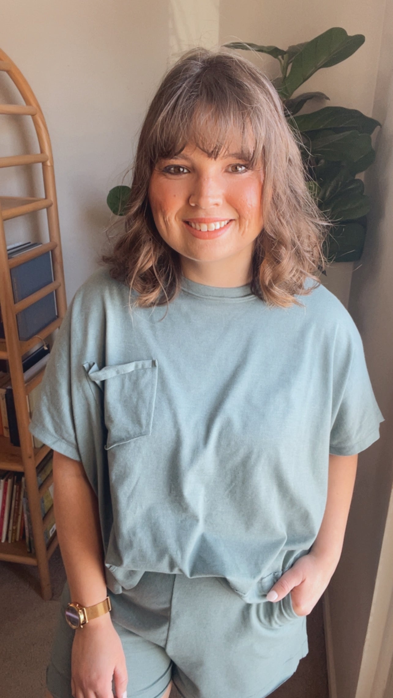 Basilwood Set – sage cotton top and matching short styled for spring