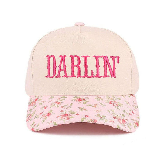 Cap with floral brim and 'Darlin' text on a white background