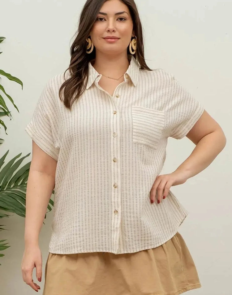 Neutral Stripe Button Up Plus