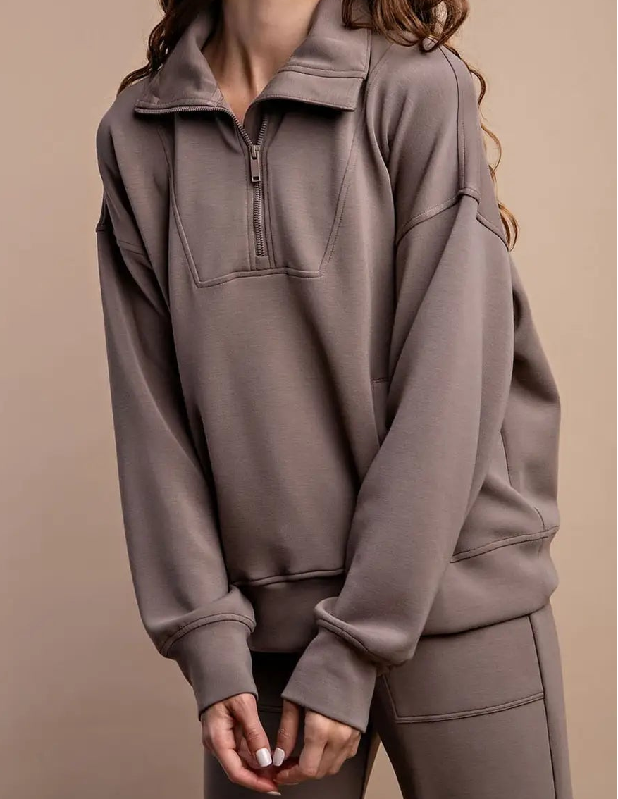 brown pullover, scuba material, cozy, workout clothing. 