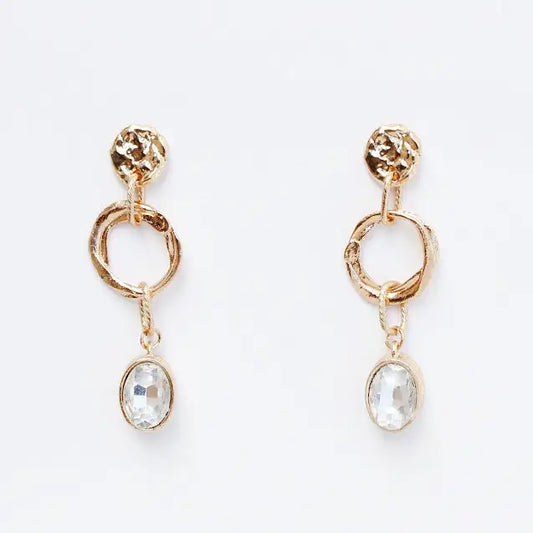 Gold Hammered Coin Open Circle and Clear Rhinestone 2" Drop Earring