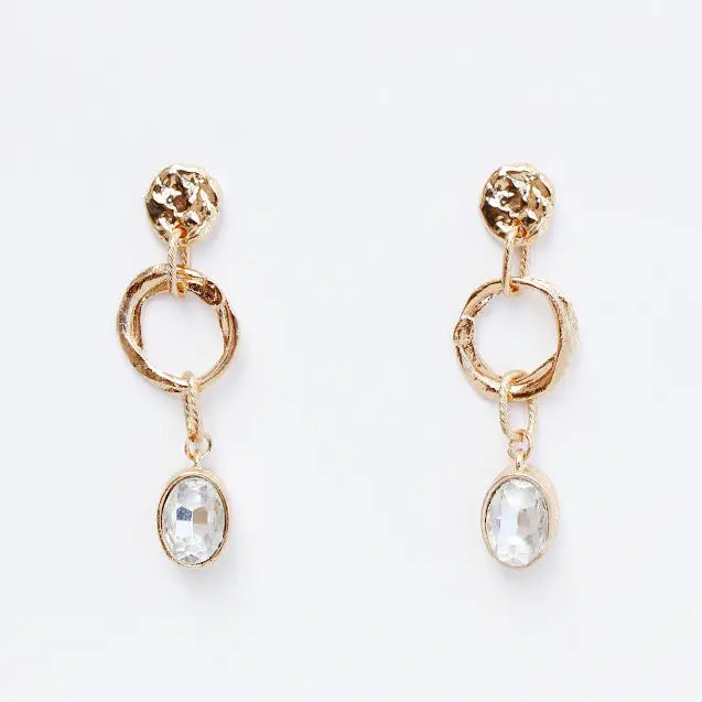 Gold Hammered Coin Open Circle and Clear Rhinestone 2" Drop Earring