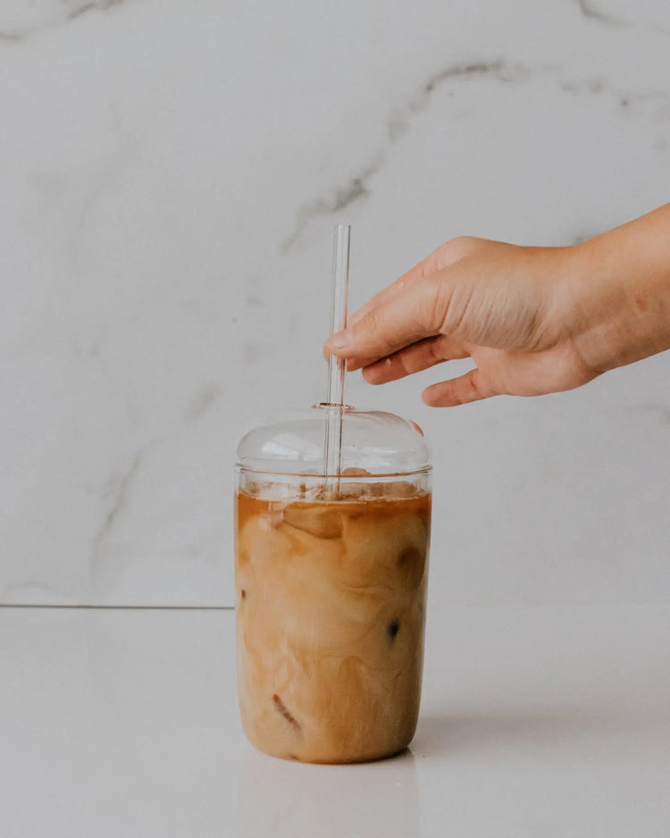 16oz Glass cup w/ lid and straw